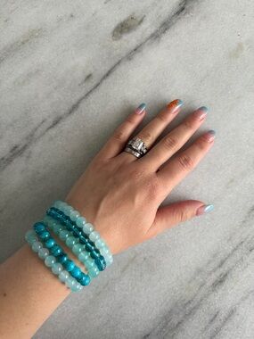 5 pc set Aqua Blue Beaded Stretch Bracelet Boho Stack - Women Jewelry Beachy
